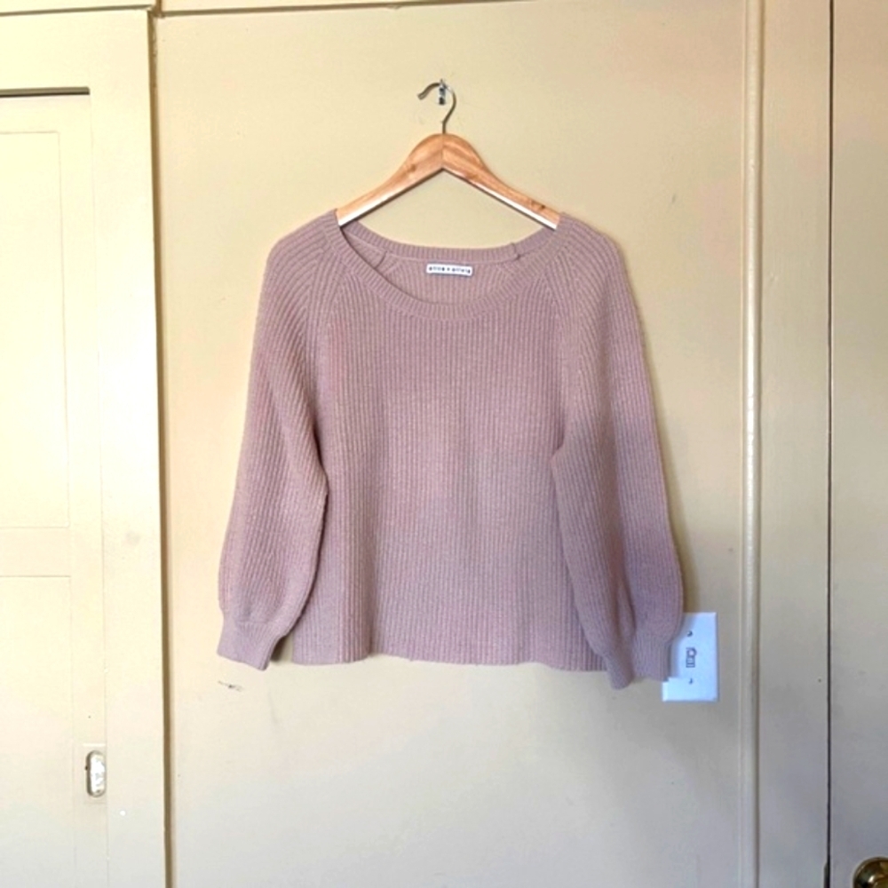 Light Pink puff sleeve Ribbed Knit Sweater